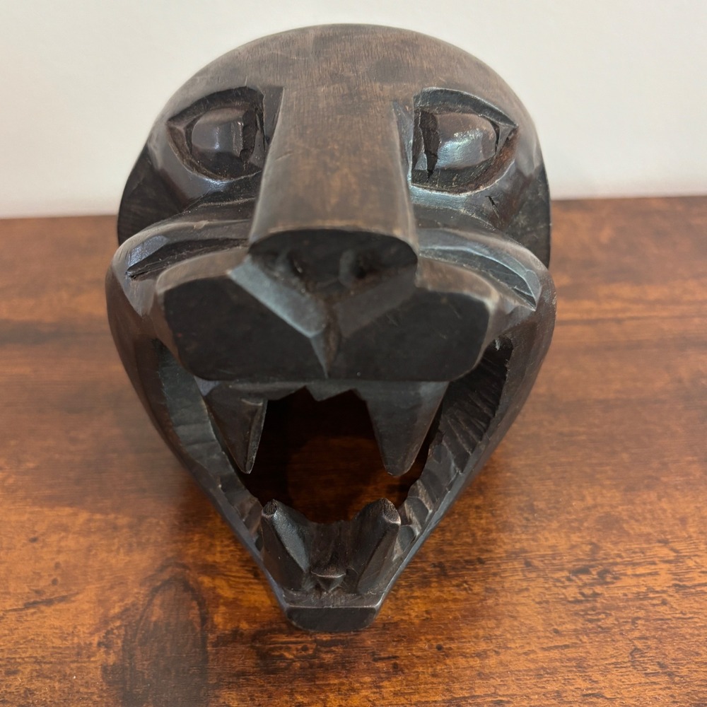 Hand Carved Wood Jaguar Head Sculpture Panther Folk Art Figurine Dark Brown - Picture 2 of 8